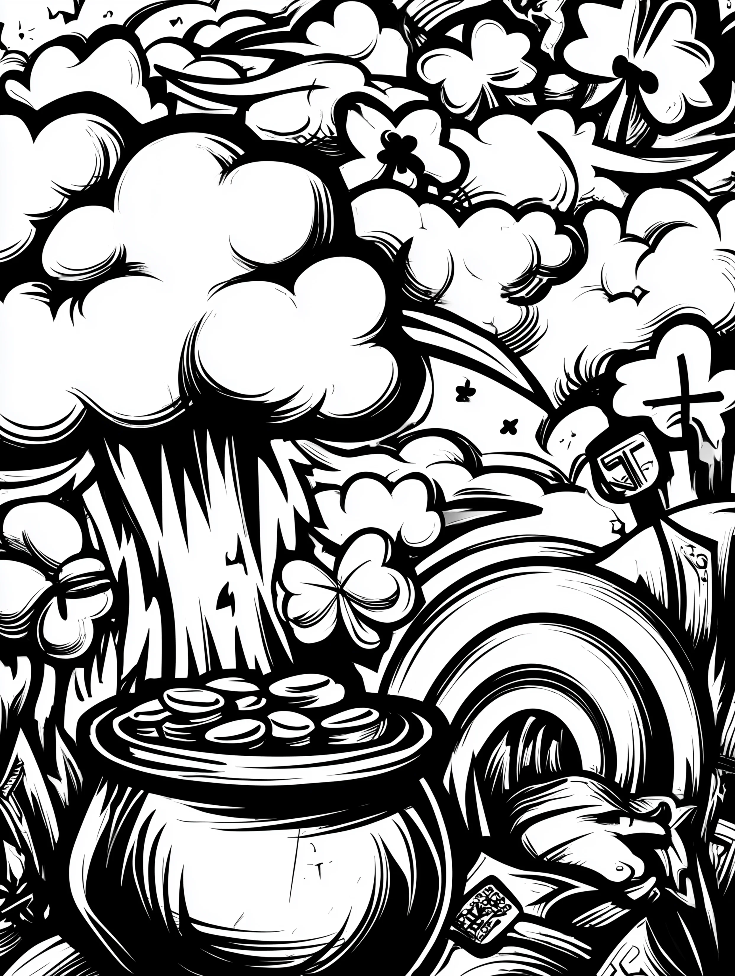 Free printable St Patricks Day coloring page for adults featuring clouds and a pot of gold